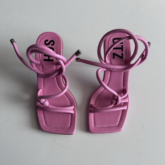 Schutz Lyra Sandal High Heel Club Rose Pink Leather Ankle Strap Square Toe - Picture 2 of 8